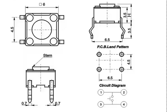 5-PACK: Miscro push tactile switch 6x6x4.3