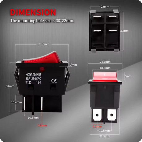 30A 250V AC Rocker Switch DPST – Black & Red